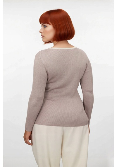 Ersefa Kadın Fitted Fitilli Triko Kazak İnce Yapılı Polyester Çift Katma Bej