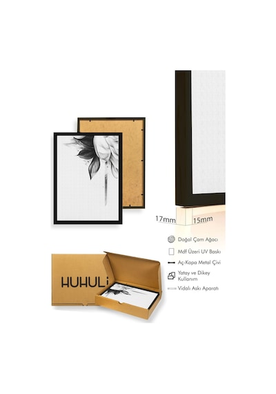 Doğal Ahşap Çerçeveli Minimal Siyah Beyaz Çiçek Desenli Tablo - Modern Tema Huhu1315