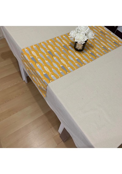 Alaçatı Balık Desenli Runner, Duck Kumaş Runner, Su Ve Leke İtici Dayanıklı, Modern Tasarım 40x145 Sarı