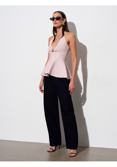 Dilvin 10787 Halter Yaka Peplum Triko Bluz-pudra