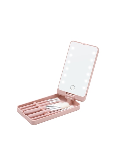 Polosmart PSC21 Led Işıklı Şarjlı Ayna + Fırça Seti Pembe