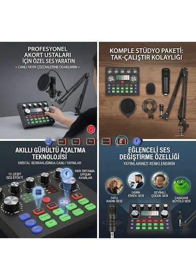 Profesyonel Mikrofon Seti Ses Kartlı Yayıncı Podcast Gaming Full Set Stüdyo Kalitesi Mikrofon