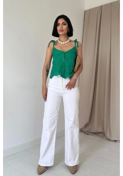 Defymoda Yeşil Bağcıklı Brode Bluz Yeşil
