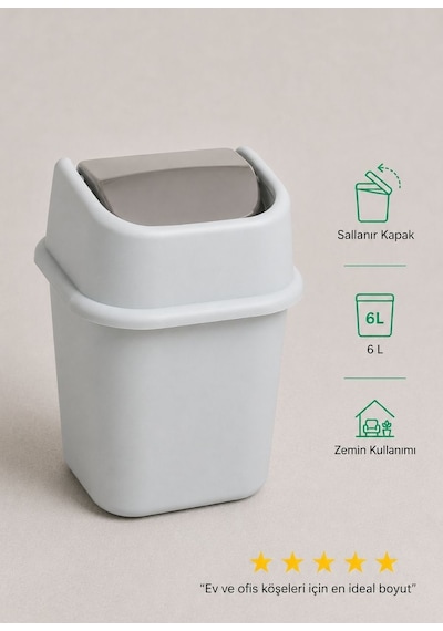 Gri Sallanır Kapaklı Çöp Kovası 6 L - Çalışma Masası Kenarı Ve Banyo İçin Pratik Atık Kutusu