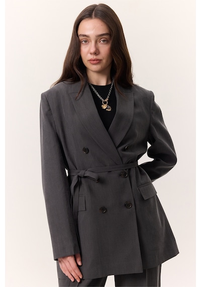 Manuka Tencel Kemerli Kruvaze Blazer Ceket Antrasit Antrasit