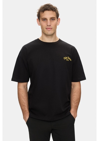 Ucla Kaıus Siyah Bisiklet Yaka Baskılı Ve Nakışlı %100 Pamuk Oversize Erkek Tshirt