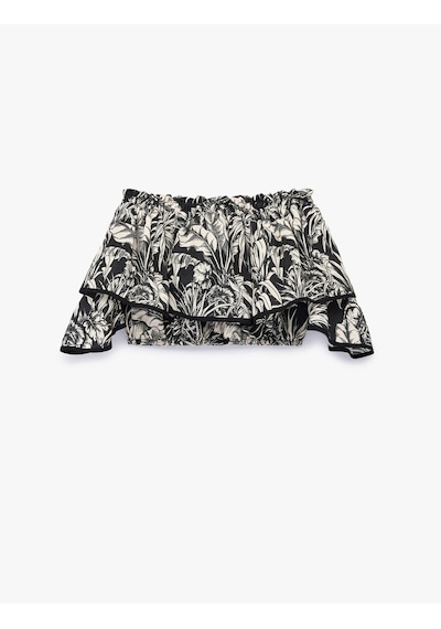 Koton Salda Kumaş Floral Desenli Fırfırlı Omuzu Açık Crop Bluz Siyah Desenli 6sak60174ew