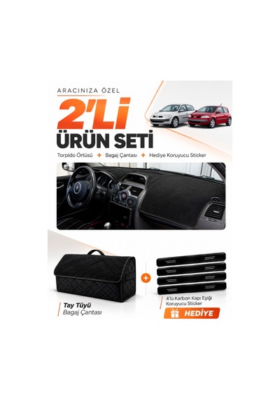 Renault Megane 2 Küçük Ekranlı 2002-2009 Uyumlu Torpido Örtüsü + Tay Tüyü Çanta Seti - Siyah