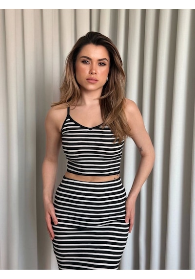 Kazax Çizgili Etek Crop Takım Siyah