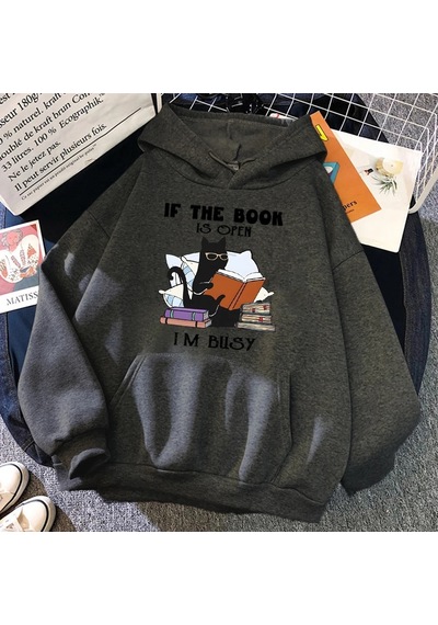 Startmore Tarzsokak Kitap Açıksa Ben Meşgul Siyah Kedi Hoody Kadın Rahat Bisiklet Yaka Kapüşonlular Moda Bol Giys Antrasit