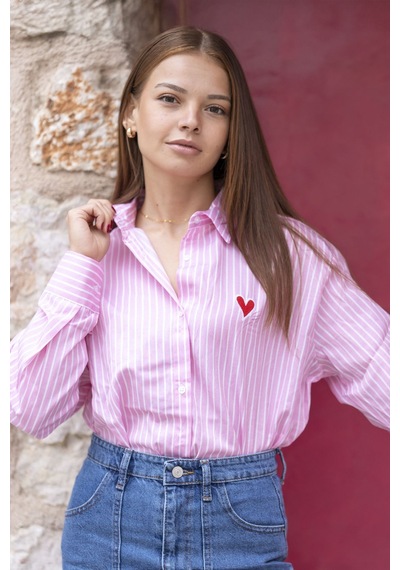 Çizgili Cep Detaylı Oversize Gömlek Pembe