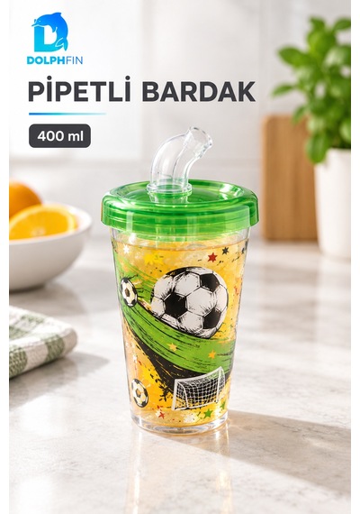 Desenli Pipetli Bardak 400 Ml Kapaklı Plastik İçecek Bardağı Çok Renkli