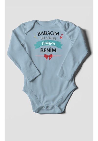 Morivokids Babacım Bu Seneki Hediyen Benim Uzun Kollu Bebek Body %100 Pamuk Bebe Mavisi