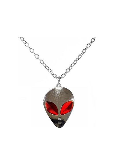 Uzaylı Alien Kırmızı Göz Detaylı Antik Gümüş Kolye 60cm Düz Zinci Çok REnkli Çok Renkli