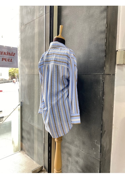 Pera Moda Oversize Çizgili Uzun Kadın Gömleği Mavi