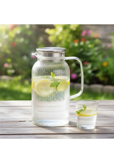 Silikon Fitilli Borosilikat Cam Sürahi 2000 Ml - Metal Kapaklı, Isıya Dayanıklı, Süzgeçli Şef
