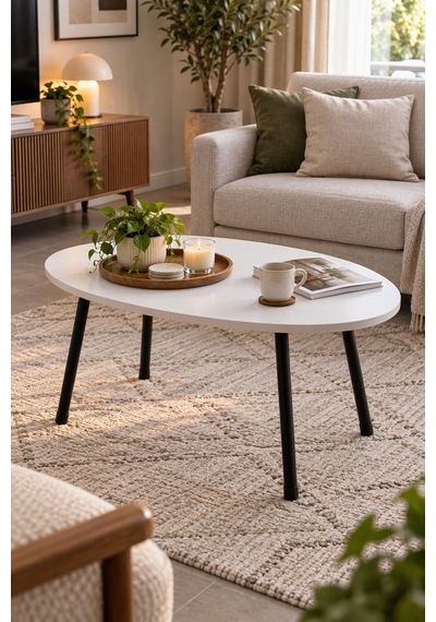 Sulorahome Metal Ayaklı Oval Beyaz Orta Sehpa