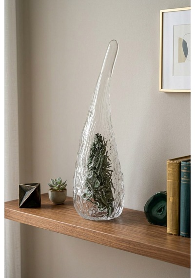 28 Cm Kristal Obje - El Yapımı Modern Organik Cam Heykel Şeffaf & Zümrüt Yeşili