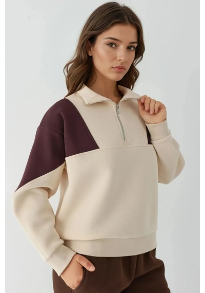 Hiccup Fermuarlı Dik Yaka İçi Şardonlu Sweatshirt Krem Doğal