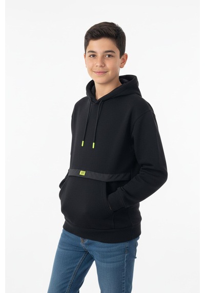 Kapşonlu Kanguru Cepli Detaylı Erkek Çocuk Sweatshirt-90838 Siyah