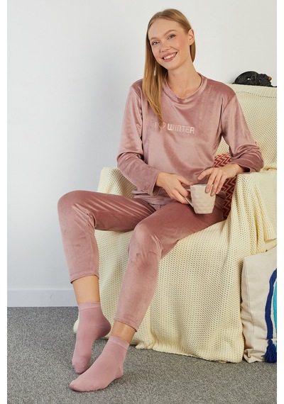 Fullamoda I Love Winter Kabartma Baskılı Kadife Pijama Takımı Gül