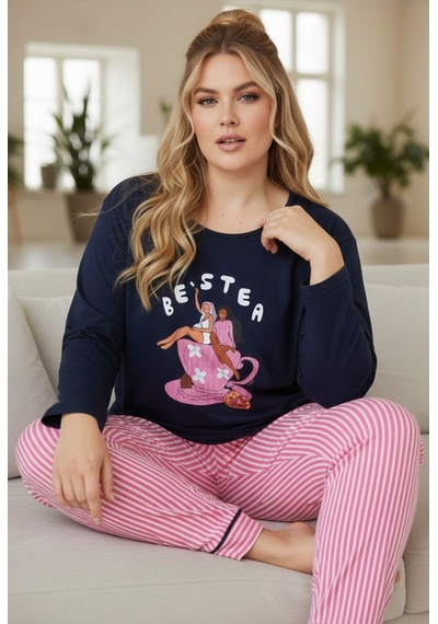 Siyah İnci Pamuklu Curve Büyük Beden Battal Boy Örme Pijama Takım 24240663 Lacivert