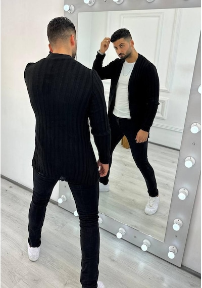 Elku Moda Hırka Örgülü Triko Desenli Şal Yaka Fit Örgü Hırka Siyah