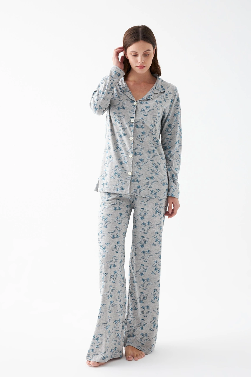 Akbeniz Kadın Gri Desenli Düğmeli Pamuklu Pijama Takımı Gri