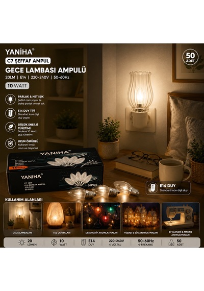 50 Adet Şeffaf Gece Lambası Ampul E14 - 10w C7 5286