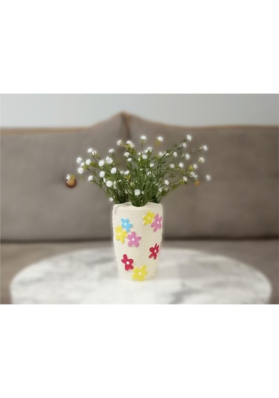 Vazoda Beyaz Yapay Çiçek Dekoratif Renkli Papatyalı Poliresin Vazo Dahil 5 x 5 x 16 CM