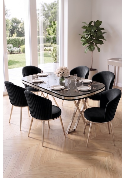 Nisare Serisi 90x168 Lak Panel Siyah Mermer Desen Masa Takımı Krom Ayaklı 6 Sandalye Siyah Mermer - Siyah Nisare Serisi 90x168 Lak Panel Siyah Mermer Desen Masa Takımı Krom Ayaklı 6 Sandalye Siyah Mermer - Siyah
