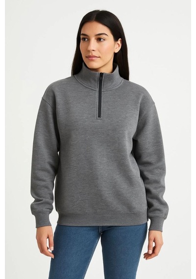 Mbb E-ticaret Kadın 3 İplik Pamuklu Dık Yaka Yarım Fermuarlı Sweatshirt - Antrasit