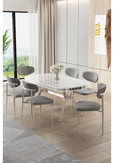 Canisa Olya Serisi 90x168 Lak Panel Beyaz Mermer Desen Masa Takımı Krom Ayaklı 6 Gri Sandalye Masa Beyaz Mermer Gri Sandalye Canisa Olya Serisi 90x168 Lak Panel Beyaz Mermer Desen Masa Takımı Krom Ayaklı 6 Gri Sandalye Masa Beyaz Mermer Gri Sandalye