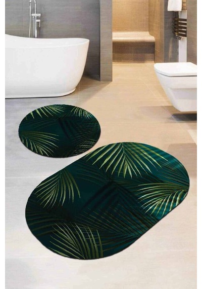 Yeşil Yapraklar Banyo Halısı Klozet Oval Paspas Seti Bs091n11