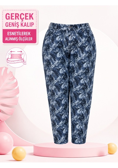 Büyük Beden Mom Model Desenli Kadın Pantolon Mavi