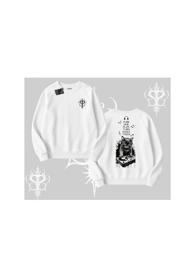Tarzsokak Dj Kedi Baskılı Müzik Temalı Biskilet Sweatshirt Beyaz
