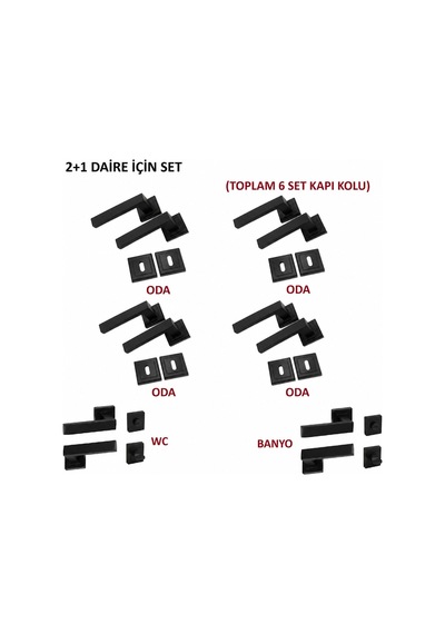 Lama Kare Rozetli Kapı Kolu 6'lı Set 2+1 Daire Için Geçerli Siyah