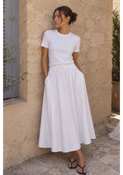 Olcay Beli Lastikli Soft Denim Etek Beyaz 7068