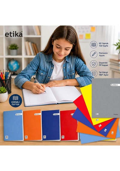 Etika Çizgili Defter A4 60 Yaprak Pp Kapak / Dayanıklı Pp Kapaklı, Tel Dikişli A4 Çizgili Defter. Okul Ve Ofis İç Çok Renkli