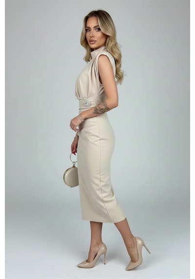Defymoda Kadın Balık Kesim Uzun Kuyruklu Elbise Bej