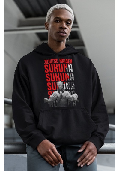 Sevbano Jujutsu Kaisen Ryona Sukuna Baskılı Unisex Oversize Anime Hoodie Siyah