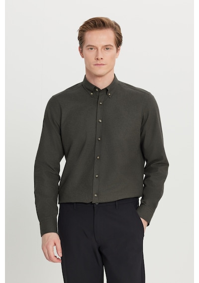 Altınyıldız Classıcs Erkek Hakı Pamuklu Slim Fit Dar Kesim Düğmeli Yaka Diagonal Desenli Flanel Gömlek Haki