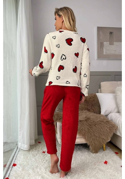 Merry See Kalp Baskılı Peluş Polar Alt Üst Uzun Kollu Pijama Takımı 001