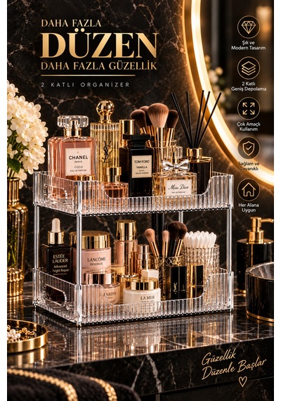 Lumera 2 Katlı Şeffaf Çok Amaçlı Organizer Makyaj, Parfüm, Banyo Ve Mutfak Düzenleyici Raf 33 22 28 Cm. Şeffaf