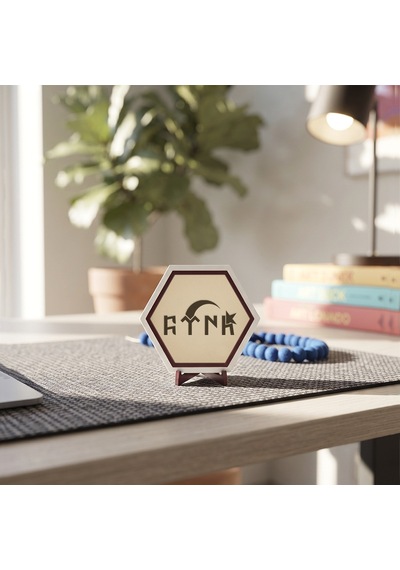 Modern Çizgilerle Göktürkçe Türk Ve Ay Yıldız Masaüstü Süsü Ofisiniz İçin Profesyonel Ve Şık Bir Seçim 10x10 Cm, Pudra