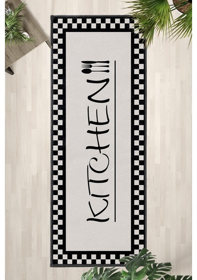 Damahome Krem Kitchen Siyah Yıkanabilir Mutfak Halısı