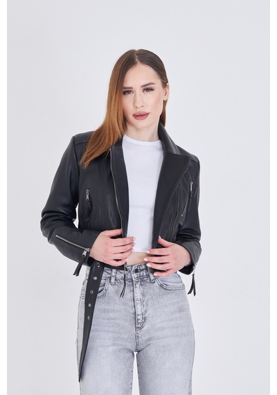 M M Marki Marki Kadın Siyah Hakiki Deri Crop Ceket Biker Stil, Kruvaze Yaka, Kemerli, 52 Cm - 117622