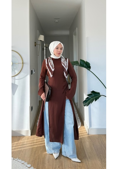 Esra Butik78 İnce Modal Kumaş Parçalı Arkadan Bağlama Detaylı Tunik Kahverengi, Bebe Mavisi & Bej 130 Cm Mavi