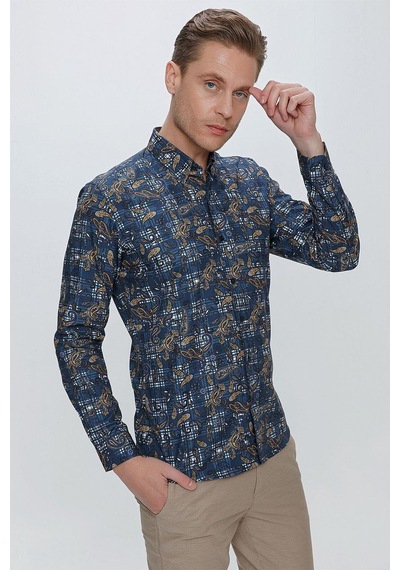 Efor G 1531 Slim Fit Koyu Mavi Spor Gömlek Mavi