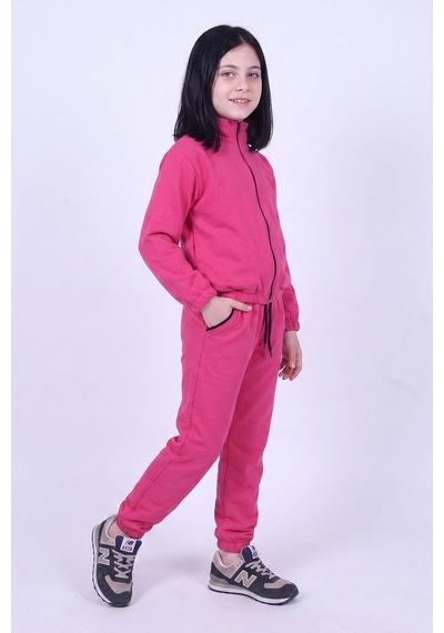 Panios Kids Kız Çocuk Dik Yaka Fermuarlı Beli Bağcıklı Lastik Paça Eşofman Takımı Fuşya